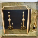 DF03. Antique brass firescreen, fireplace tools and andirons. 